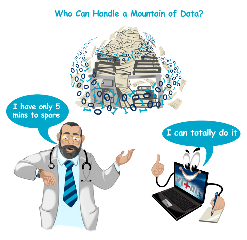 Cartoon showing a mountain of data with a doctor looking at watch and saying he has only 5 minutes to spare. A computer says: ''I can do it!''