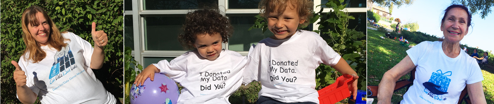 3 part picture array of kids and adults wearing Donate Data T-shirts